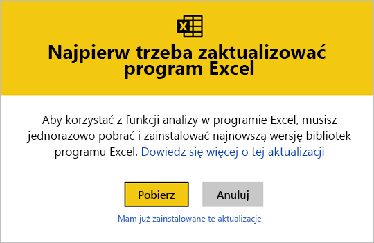 Zrzut ekranu przedstawiający aktualizacje programu Excel.