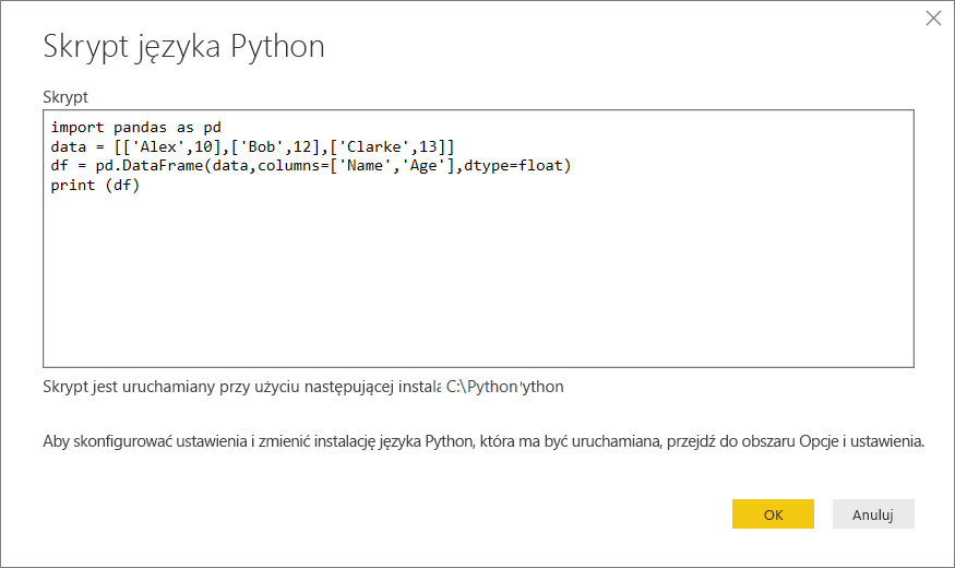 Screenshot that shows pasting the sample Python script into the Python script dialog box.