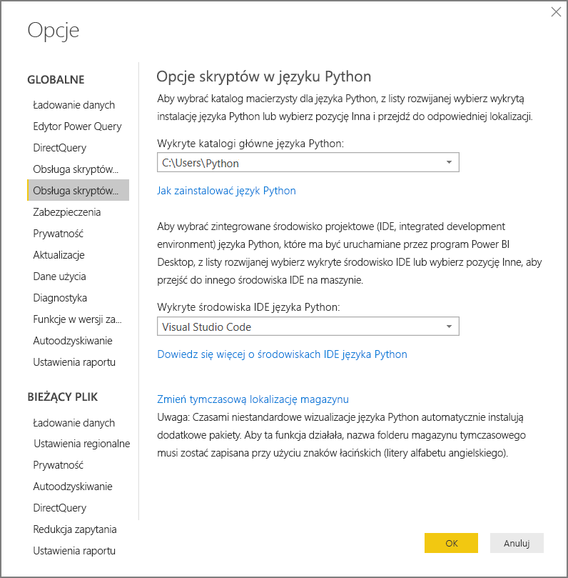 Screenshot that shows the Python script options for Power BI Desktop.