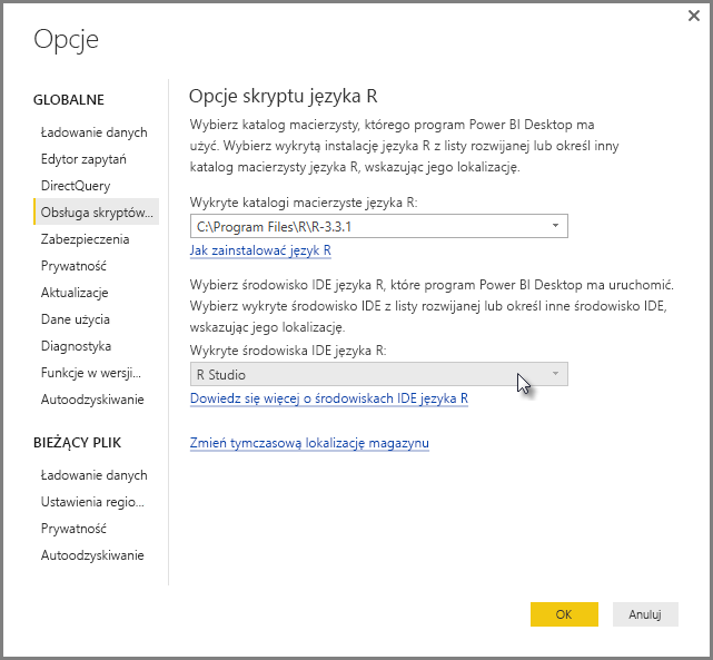 Screenshot of the Options dialog, showing R Studio is entered in the Detected R I D E field.