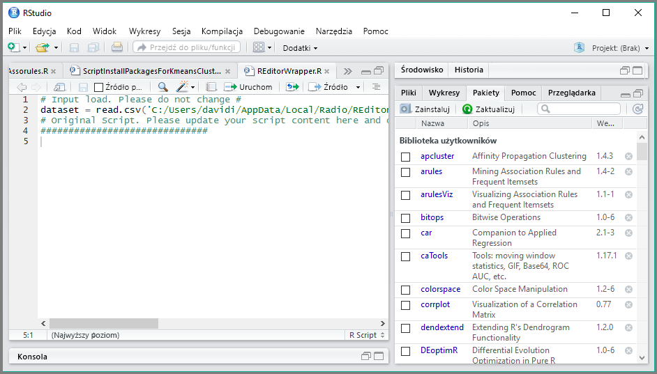 Screenshot of the R I D E launched in Power B I Desktop, showing it in R Studio.