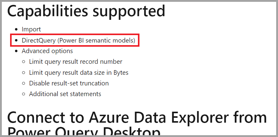 Screenshot showing DirectQuery as a capability of a data connector.