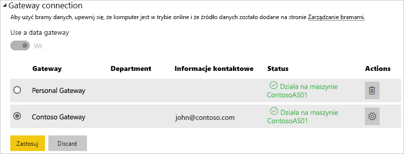 Zrzut ekranu przedstawiający wybieranie bramy lokalnej do użycia na potrzeby zaplanowanego odświeżania.