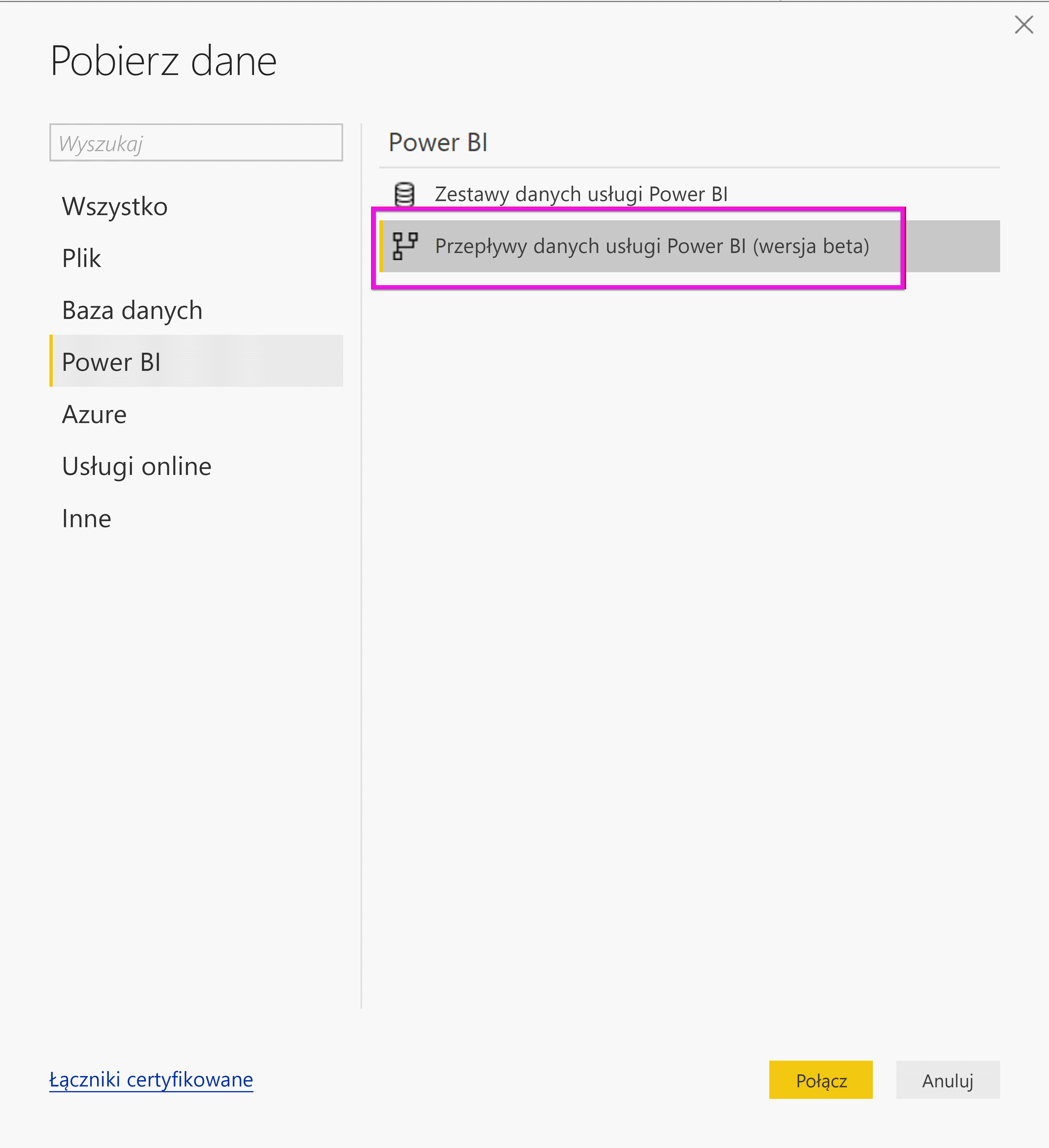 Screenshot shows the Get Data pane with Power BI dataflows selected.