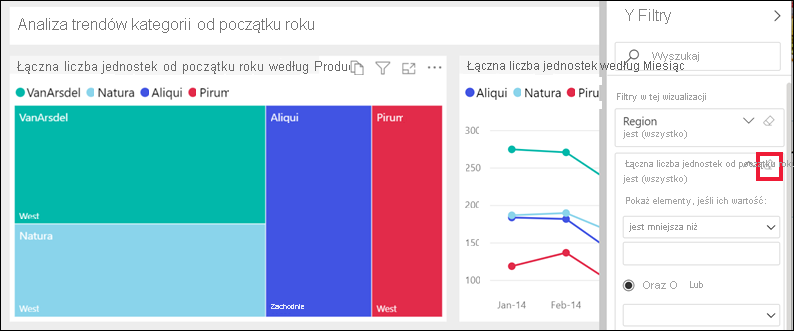 Screenshot of a report with the Filters pane expanded and the eraser icon selected.