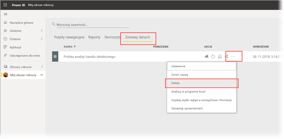 Select the Delete semantic models