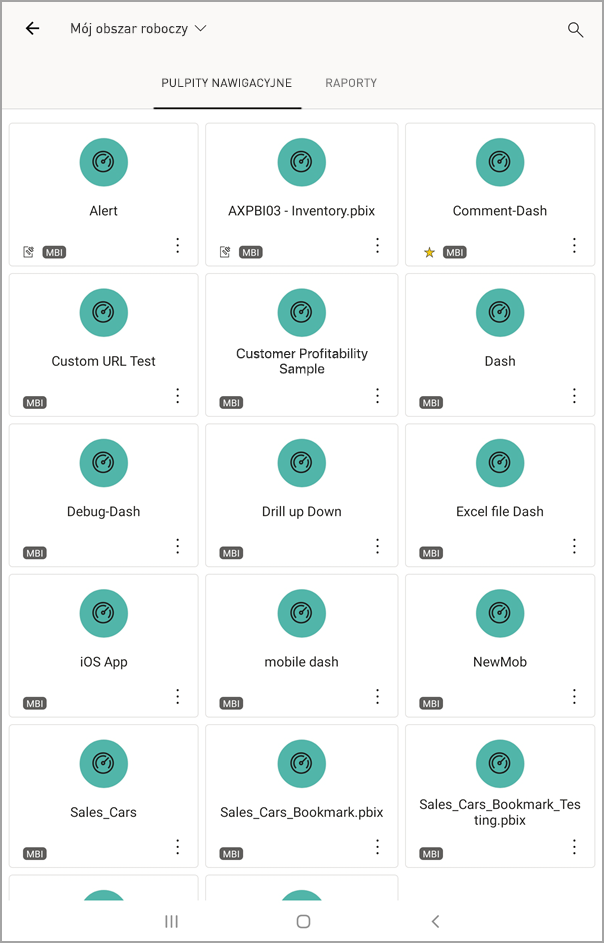 Screenshot shows an Android tablet screen with My Workspace with DASHBOARDS selected.