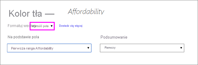 Dialog of Format style for background color of Affordability column: Format style drop down is set to Field value.