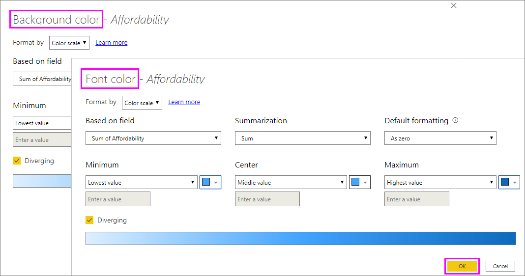 Conditional formatting dialog for Background color and Font color