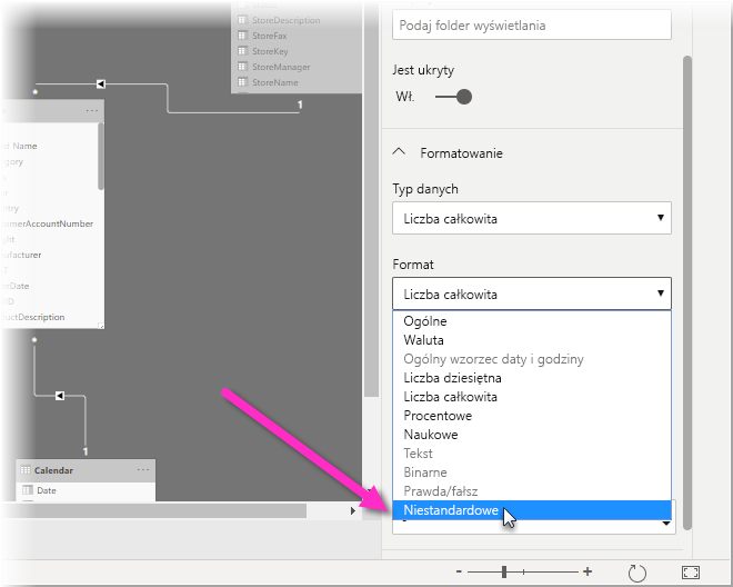 Zrzut ekranu programu Power BI Desktop w widoku modelowania z wyróżnionym pozycją Niestandardowy w menu rozwijanym Format.