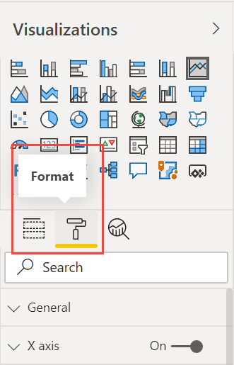 Zrzut ekranu przedstawiający kartę Format w okienku Wizualizacje.