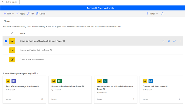 Zrzut ekranu przedstawiający tworzenie przepływu dla listy programu SharePoint w usłudze Power BI.