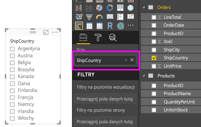 Screenshot shows a field that has been added to the slicer in Power BI Desktop.