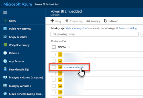 Screenshot of Power BI Embedded capacity list in Azure portal.