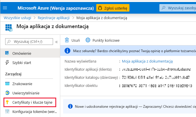 Zrzut ekranu przedstawiający stronę Przegląd nowej aplikacji. W okienku nawigacji wyróżniono pozycję Certyfikaty i wpisy tajne.