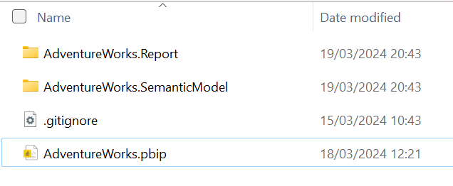 Zrzut ekranu przedstawiający pliki programu Power BI Project