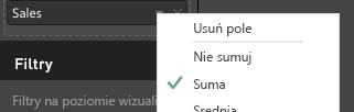 Zrzut ekranu przedstawiający pozycję Suma wybraną z listy rozwijanej pola.