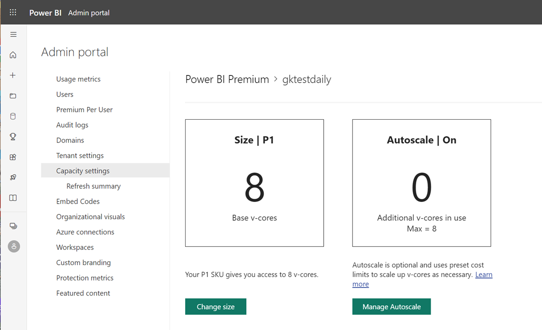 Zrzut ekranu przedstawiający ekran portalu administracyjnego usługi Power BI przedstawiający ustawienia pojemności P1.