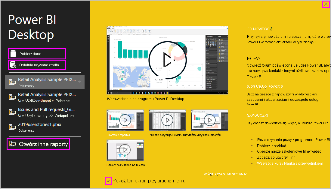 Screenshot of Power B I Desktop showing the Welcome screen.