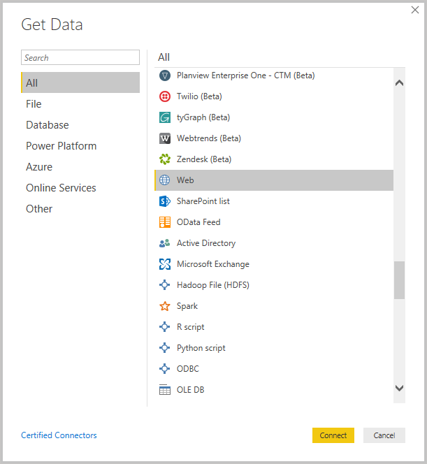 Screenshot of Power B I Desktop showing the Get Data tool.