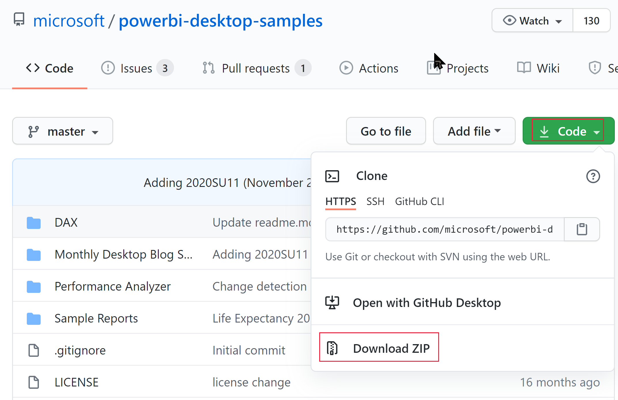 Zrzut ekranu przedstawiający opcję pobierania pliku ZIP w witrynie GitHub przykładów programu Power BI Desktop