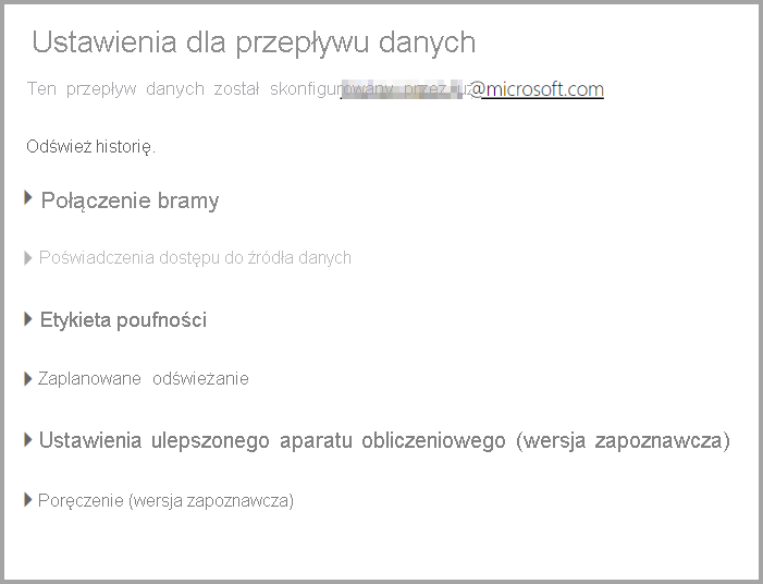 Zrzut ekranu przedstawiający stronę Ustawienia przepływu danych po wybraniu Ustawienia na liście rozwijanej przepływu danych.