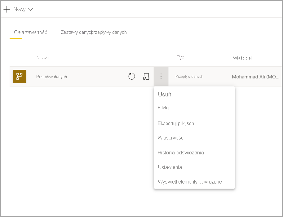 Zrzut ekranu przedstawiający ustawienia listy rozwijanej przepływu danych usługi Power BI.