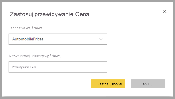 Zrzut ekranu przedstawiający okno dialogowe Zastosuj przewidywanie cen.