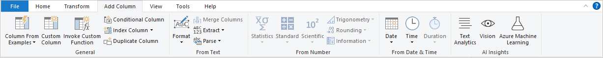 Zrzut ekranu programu Power BI Desktop przedstawiający kartę Dodaj kolumnę.