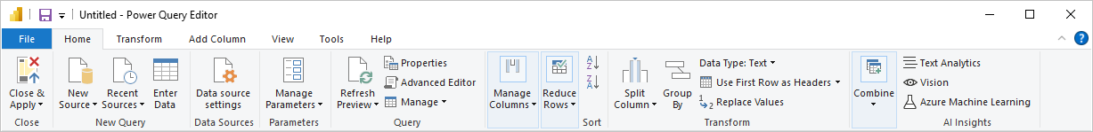 Zrzut ekranu programu Power BI Desktop przedstawiający wstążkę zapytań Edytor Power Query.