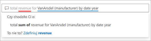 Screenshot of the Q&A question field with suggested terms from the semantic model underlined in blue and corresponding suggested questions from Power BI.