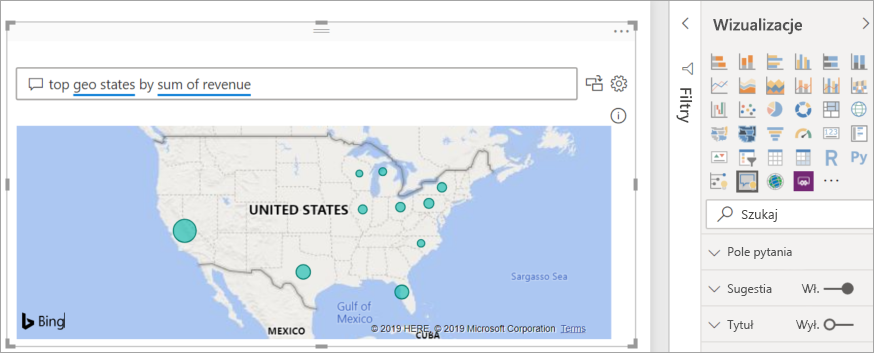 Screenshot that shows the Q&A visual map created by Power BI to display the data.