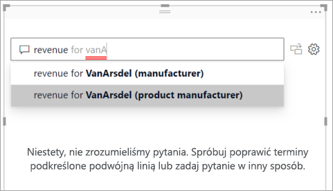 Screenshot of the Q&A question field with unrecognized words underlined in red and suggested questions from Power BI.