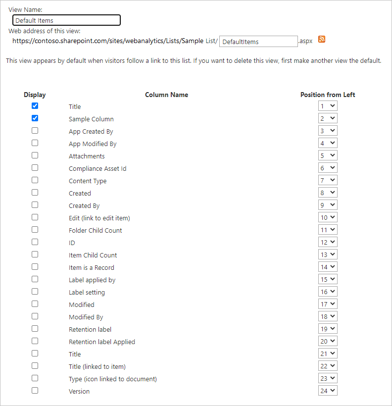 Ekran przedstawiający przykładowe ustawienia widoku dla określonego widoku na liście usługi SharePoint Online.