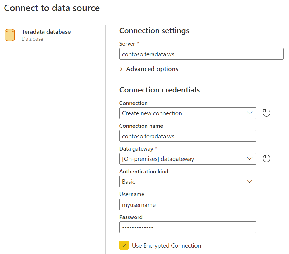 Wprowadź połączenie online bazy danych Teradata.