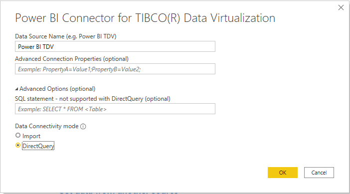 Konstruktor połączeń TDV w usłudze Power BI.