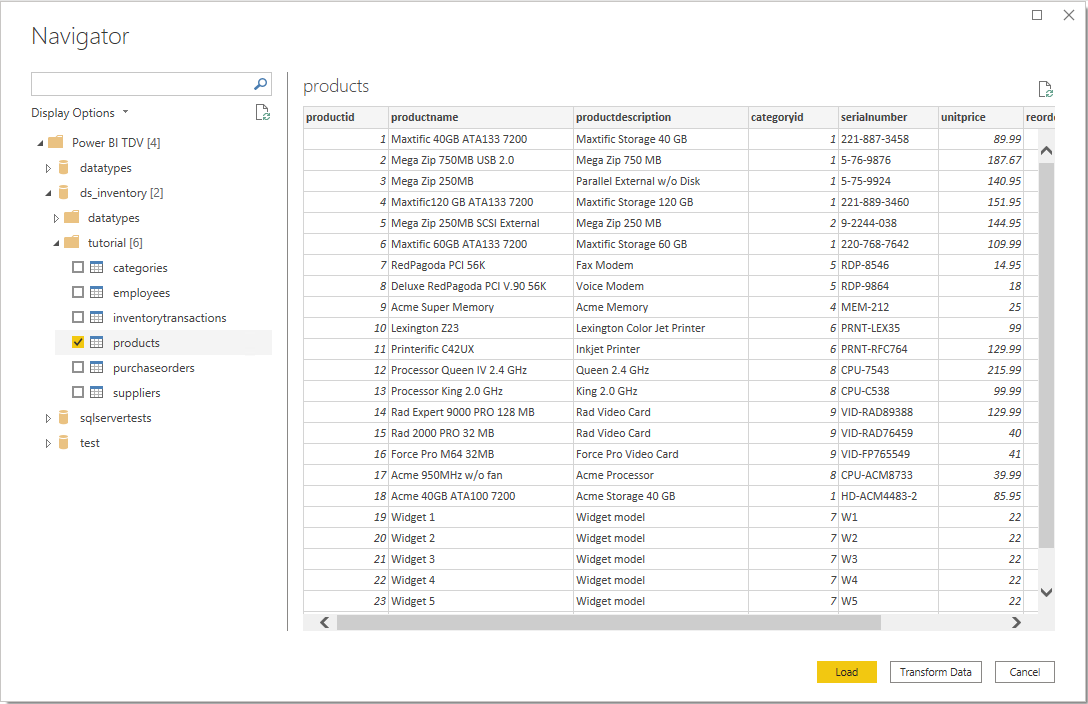 Nawigator programu Power Query Desktop przedstawiający dane produktu w TDV.