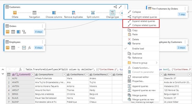 W menu kontekstowym na poziomie zapytania widoku diagramu czerwone pole wokół opcji rozwijania lub zwijania powiązanych zapytań.