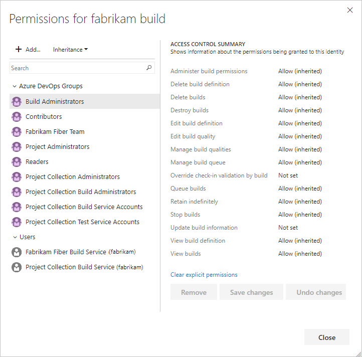 Screenshot of Build object-level permissions dialog, Azure DevOps Server 2019 and earlier on-premises versions.