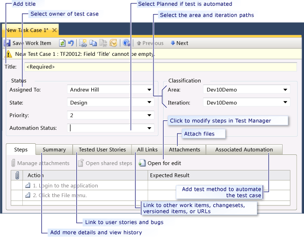 Work Item Form for Test Case