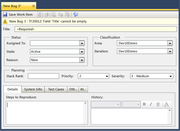 Bug Work Item Form