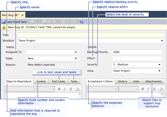 Screenshot showing a new bug work item