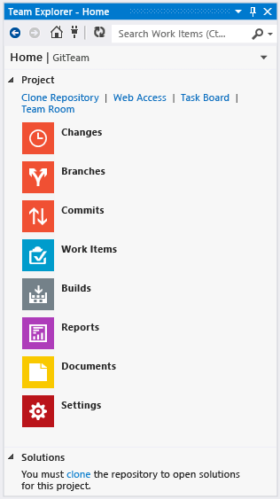 Team Explorer stronę główną z Git jako kodu źródłowego