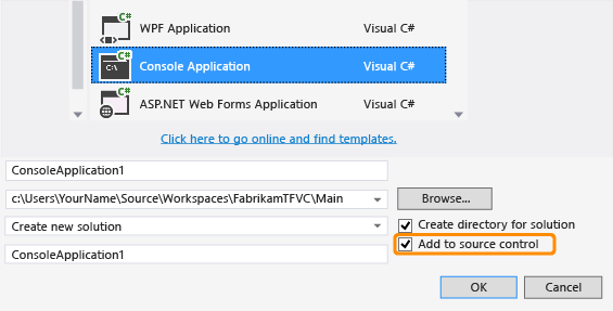 Tworzenie projektu kodu w kontroli wersji TFVC