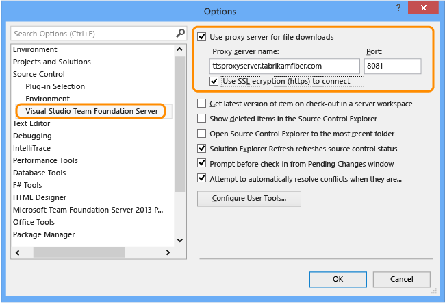 Strona Konfiguracja serwera proxy VS TFVC, okno dialogowe Opcje