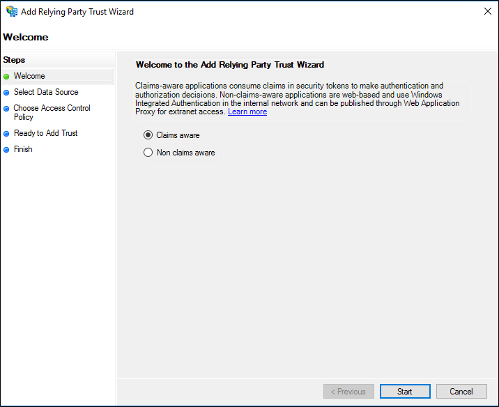 Screenshot of the Welcome page of the Add Relying Party Trust Wizard showing the Claims aware option selected.