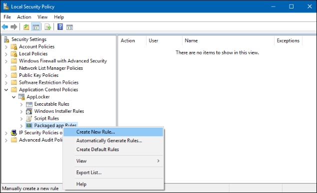 Local security snap-in, showing the Packaged app Rules.