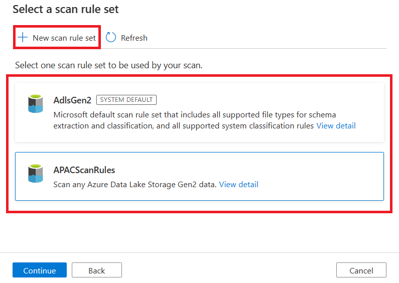 Screenshot of the scan rule set page of the scan menu, with the new scan rule set and existing scan rule set buttons highlighted.