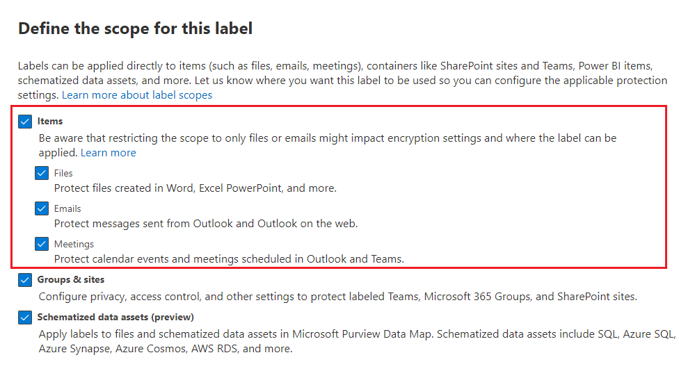 Sensitivity label scope options for Items that include Files, Emails, and Meetings.