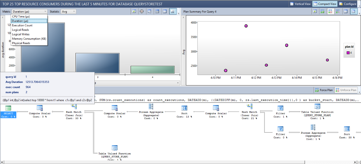 Screenshot of the Query Store showing that you can identify and tune top resource consuming queries.